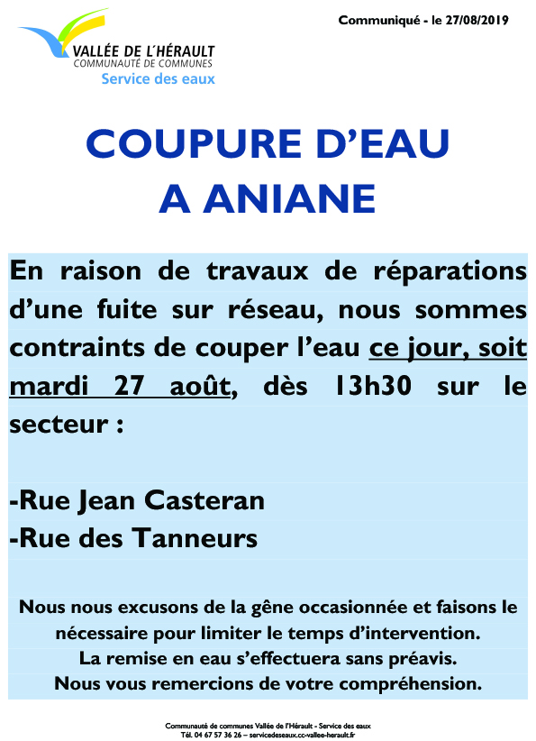 Communiqué Coupure eau 27 08 2019_Aniane