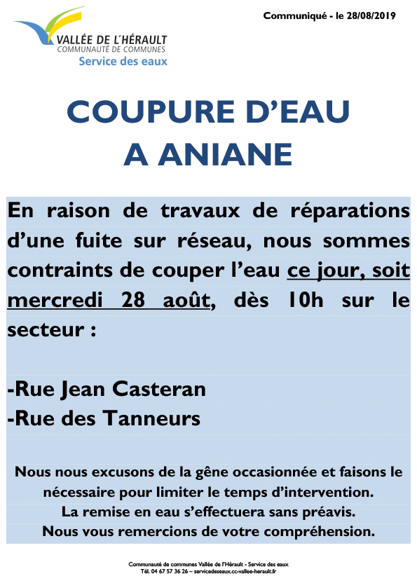 Communiqué Coupure eau 28 08 2019_Aniane