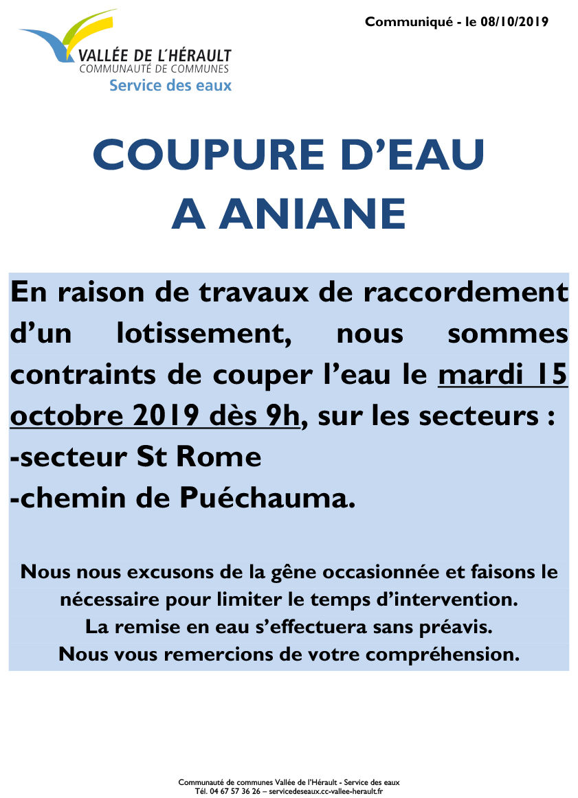 Communiqué Coupure eau 15 10 2019_Aniane