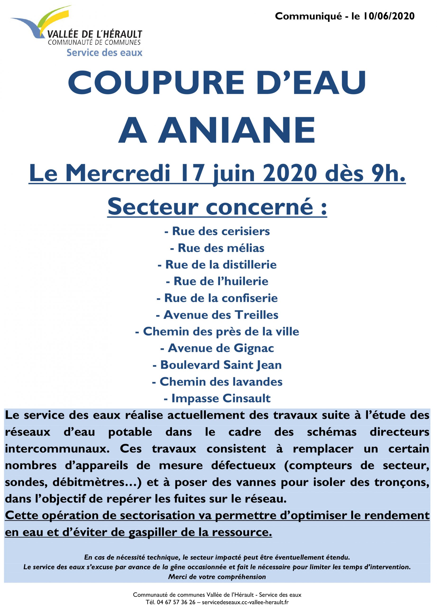 Communiqué Coupure eau 17 06 2020 Aniane