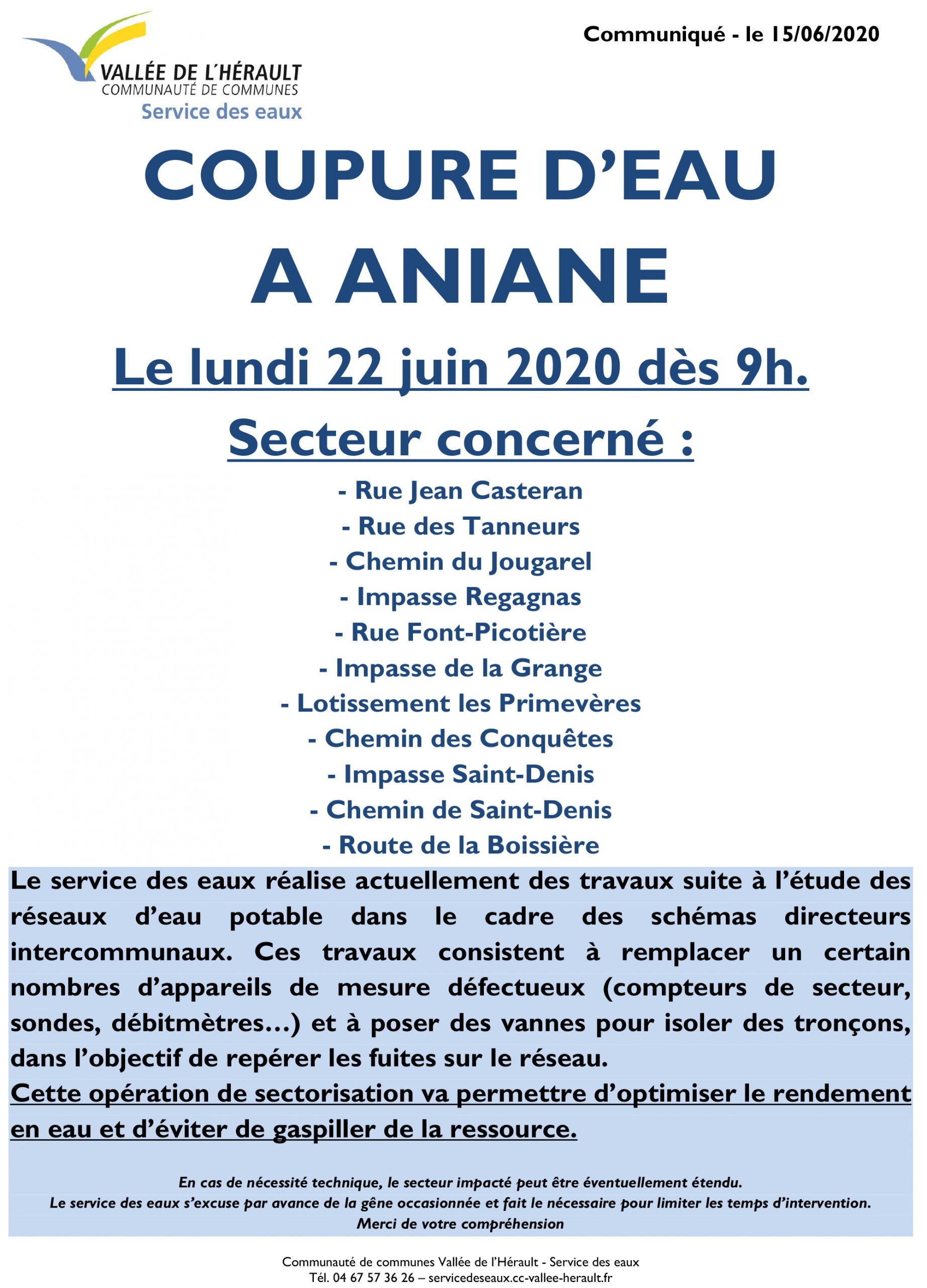 Communiqué Coupure eau 22 06 2020 Aniane ANI06
