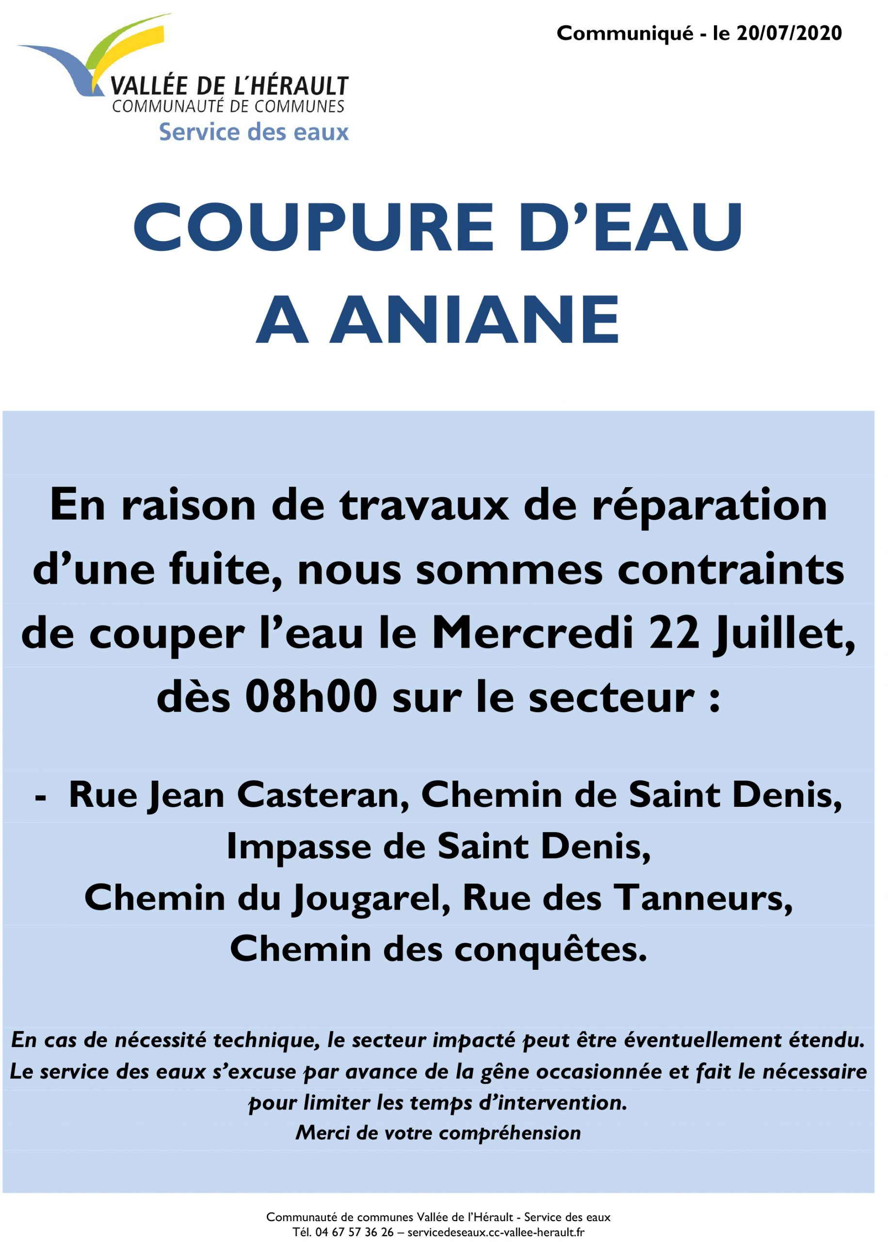 Communiqué Coupure eau 22.07.2020_Aniane